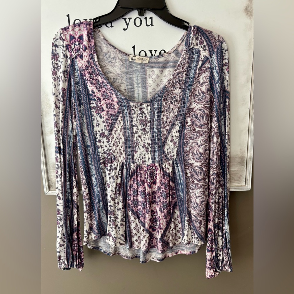 Boho Long Balloon Sleeve Smocked Peplum Top Lavender Pink Periwinkle Blues
